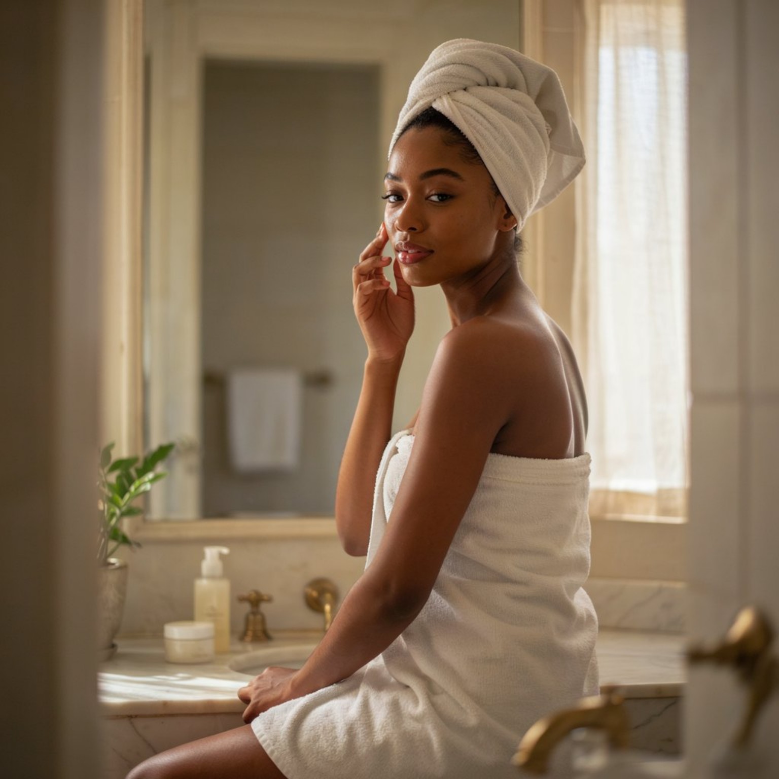 A woman with warm medium-brown skin in a softly lit skincare portrait